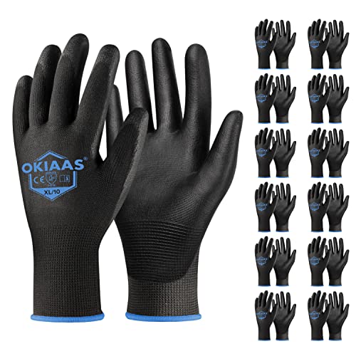 OKIAAS PU Coated Work Gloves Men, Ultra Grip & Lightweight, 12 Pairs Bulk - color: Black (12 Pairs), size: X-Large