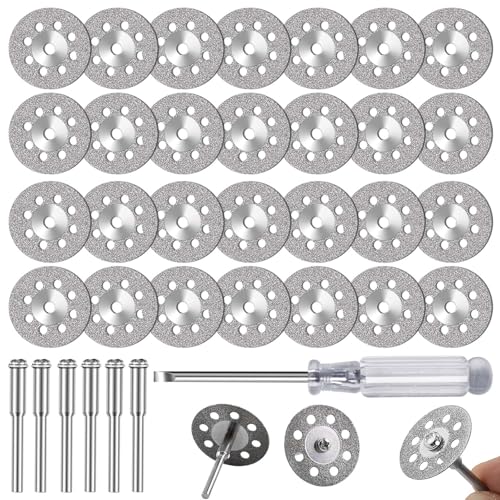 FOTYBEI 30pcs 545 Diamond Coated Cutting Wheel (22mm) for Dremel Rotary Tool with 402 Mandrel (3mm) 6pcs and Screwdriver for Rotary Tool Accessories Stone Glass Cutting (30pcs-22mm) - style: 30pcs-22mm