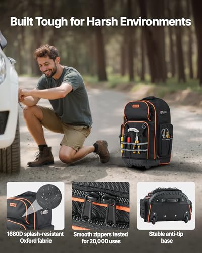 VEVOR Rolling Tool Backpack, 110 lbs Load Capacity, 72 Pockets Heavy Duty Roller Tool Bag on Wheels, Adjustable Telescoping Handle & Stable Base, Toolbag Organizers for Construction, Mechanic - size: 72 Pockets + Rolling
