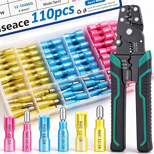 smseace 110PCS Heat Shrink Bullet Connectors with Crimping Tool 22-10AWG Waterproof Bullet connectors Heat Shrink Female&Male Connector for Automotive Boat Stereo Industrial Equipment - size: 111Pcs