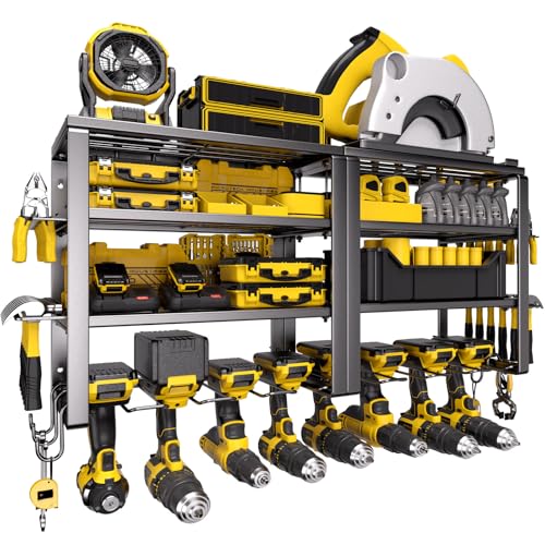 Spampur Power Tool Organizer Wall Mount | 4 Layers, Heavy Duty, Garage Storage - size: 4 shelves 4 slots (2 pack) without power strip