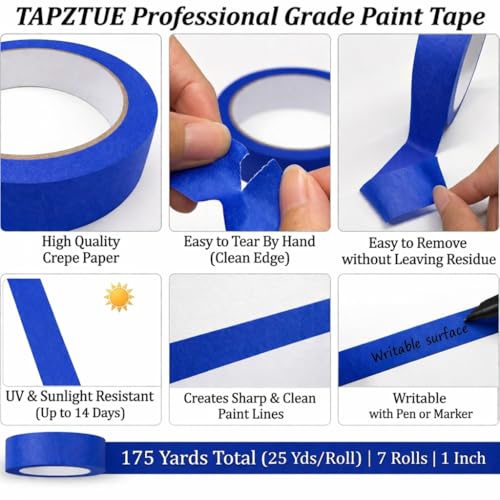 Blue Painters Tape 1 Inch Wide, 7 Rolls Masking Tape 0.98 in x 25 Yds, Clean Removal Blue Masking Tape No Residue, Easy Tear Paint Tape for Wall Painting, Trim, Windows & Home Improvement - size: 7 Rolls Blue Painters Tape 1 Inch x 25 Yds Each