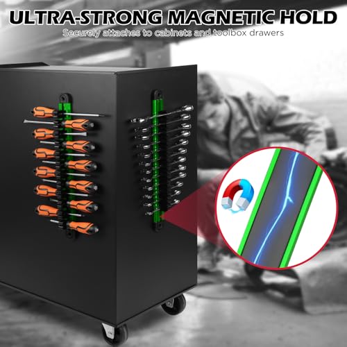Magnetic Screwdriver Organizer and Wrench Organizer, 14-Slot Screwdriver and Wrench Holder, Magnetic Aluminum Rail Tool Organizer for Tool Box Drawer Wall-Mount Storage, Green (Tools not Included) - style: 1-Pack Green (14-Slot)