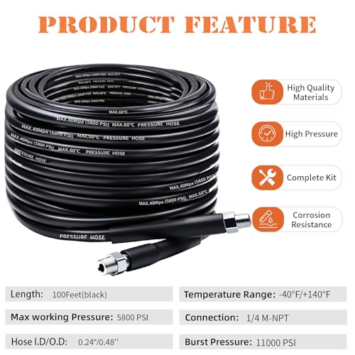 100FT Sewer Jetter Kit for Pressure Washer, 5800PSI Drain Cleaner Hose - color: Black -100FT hose