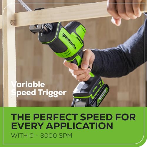 Greenworks 24V Brushless 1" Compact One-Handed Reciprocating Saw (3,000 SPM), Cordless Powered Variable Speed Recip Saw, Battery Not Included - size: Brushless 1" One-Handed Recip Saw, style: Tool Only