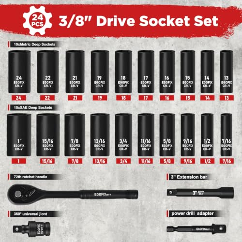 24 Piece 3/8" Socket Ratchet Wrench Set, Deep SAE (7/16 to 1 inch) and Metric (13-19mm, 21, 22, 24mm) 6 Point, with Ratchet Handle, Extension Bar, Adapter, Impact Universal Joint, Storage Box - color: 3/8-24pcs