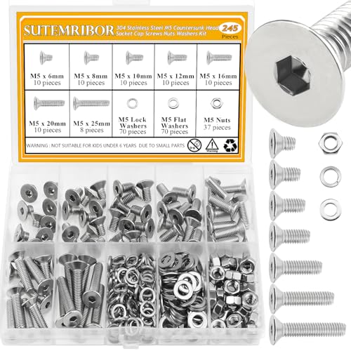 245 Pieces M5 Screws Nuts Washers Set, Sutemribor M5 x 6/8/10/12/16/20/25mm Countersunk Head Socket Cap Screws Nuts Washers Assortment Kit, 304 Stainless Steel, Fully Threaded - size: M5, style: Countersunk Head Socket Cap