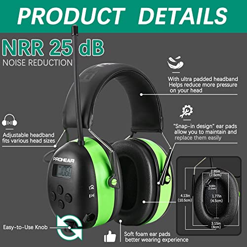 PROHEAR 033 Upgraded 5.4 Bluetooth Hearing Protection AM FM Radio Headphones, Noise Reduction Safety Earmuffs with Rechargeable 1500mAH Battery, 31dB SNR Ear Protector for Mowing Lawn,Gifts for Father - color: Green