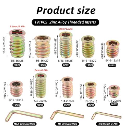 191 PCS Threaded Inserts for Wood, 10 Sizes-1/4-20, 5/16"-18, 3/8"-16 Threaded Wood Inserts Assortment Kit, Carbon Steel Screw in Nut with Hex Wrench for Home Office Furniture