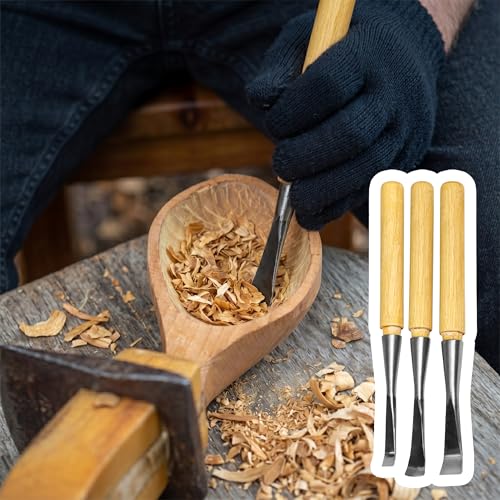 Spoon Gouge Wood Carving Set, 3PCS 10/15/20mm Carbon Steel Bent V-Gouge for DIY Art Craft, Hollowing, Woodworking, Chisels Curved Hand Tools Accessories for Beginners & Professionals