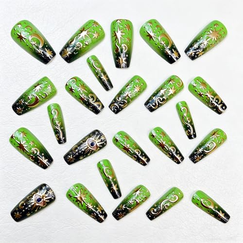 3D Green Press on Nails Almond - Medium French Tip Fake Nails with Embossed Stars&Moon Designs, Glossy Finish Reusable False Nails for Women Manicure(3D Embossed design 20） - color: 3D Embossed design 20