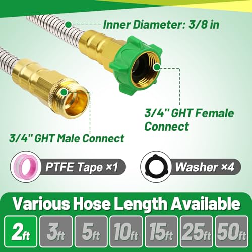 2ft Short Metal Garden Hose with Male to Female Connector - size: 2ft