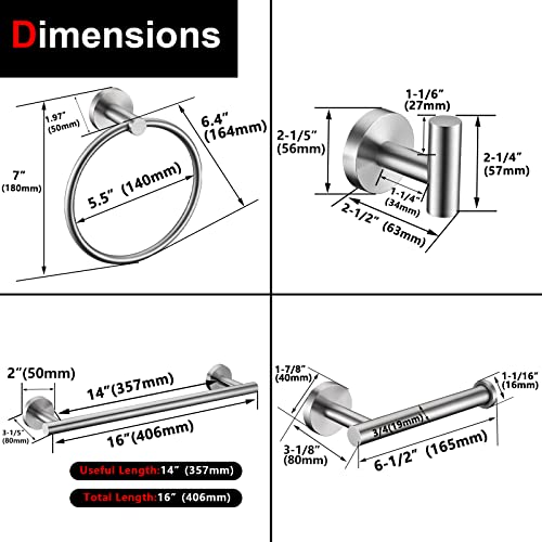 10 Pieces Brushed Nickel Bathroom Hardware Set Include 16inch Towel Bar,4pcsTowel Hooks,Toilet Paper Holder,Hand Towel Ring Round SUS304 Stainless Steel Bathroom Accessories Set - color: Brushed Nickel, size: 10 piece 16"