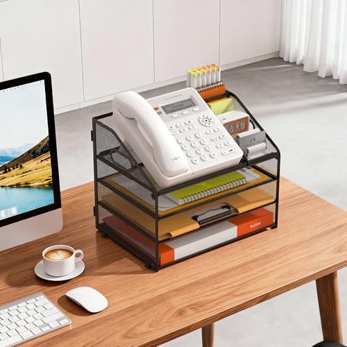 DocNest 4 Tier Metal Mesh Desk File Organizer with Phone Shelf, Black - color: Black, size: 12.6" x 9.1" x 10.3"