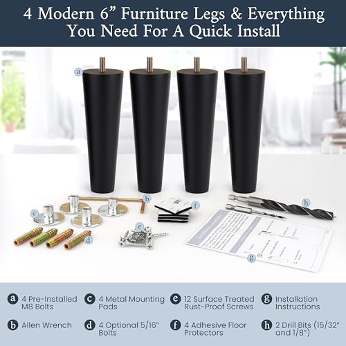 Airy Abode Premium Black Wood Furniture Legs (Full Install Kit) - Pick Your Size and Color - color: Black, size: 6 Inches