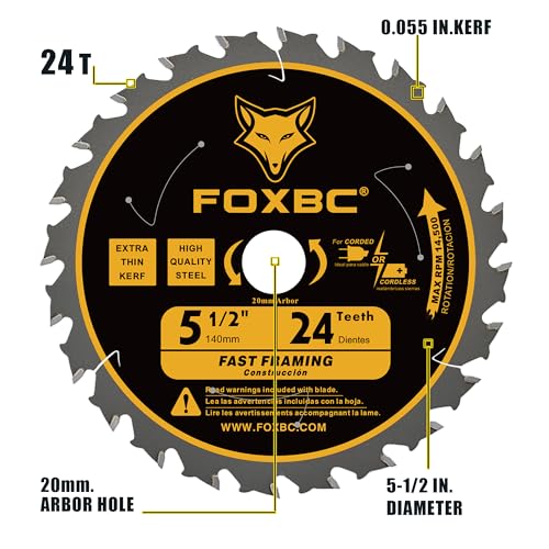 FOXBC 5-1/2" Circular Saw Blade 24T 48T Fast Framing for Wood Cutting, 20mm Arbor with 10mm, 1/2", 5/8” Bushings - 2 Pack
