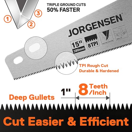 JORGENSEN 15 Inch Pro Hand Saw, 8 TPI Fine Cut Aluminum Handle | Non-slip ergonomic grip, ultrasonic welded structure, woodworking, trimming, drywall and plastic pipe cutting - style: 15 Inch