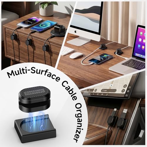 6-Pack Magnetic Cable Clips with Detachable Magnetic Base, Auto Dock Cable Organizer, Self-Adhesive Cord Holder for Round & Flat Cables, One-Hand Cable Management for Desk, Car, Office - size: 6 Pack