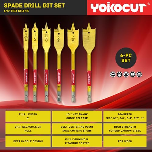 Spade Drill Bit Set, 6PCS Paddle Bits Set, 3/8"-1" Spade Bits with 1/4 Hex Shank, Wood Hole Cutter, Drill Bits for Wood - style: 6pcs Spade Bits Set 3/8"-1"