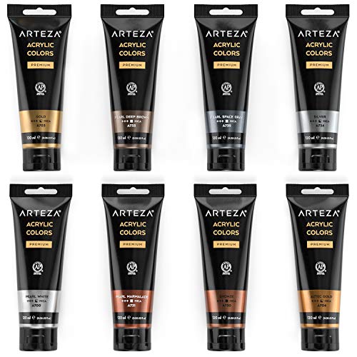 ARTEZA Metallic Acrylic Paint, 8 Metallic Colors in 4.06 ounce Tubes, Artist Paints for Hobby Painters, Art Supplies for Canvas Painting - style: 8 x 120ml (4.06 fl oz) Metallic