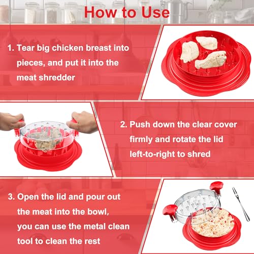 Chicken Shredder Tool Twist Large Meat Shredder with Brush&Fork, Red - color: Red