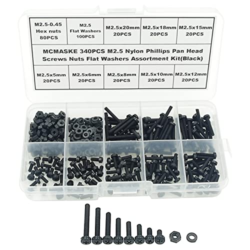 Metric M2.5 Phillips Pan Head Nylon Screws Nut Washer Assortment Kit,Screws Length:5mm to 20mm(Black) - size: M2.5
