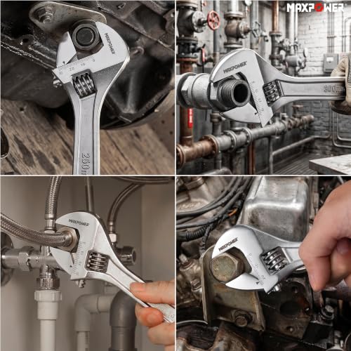 MAXPOWER 4-Pc Adjustable Wrench 6" 8" 10" 12", Jaw 0.87" 0.98" 1.18" 1.5" | Multi-purpose Adjustable Spanner, Smooth Parallel Jaw, Non-Slip Comfort Grip - size: 6" 8" 10" 12"