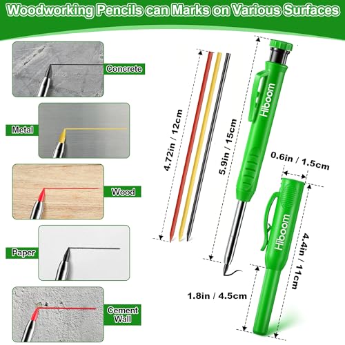 Hiboom 4 Pack Carpenter Pencil with 36 Refills Built In Sharpener (Green) - color: Green