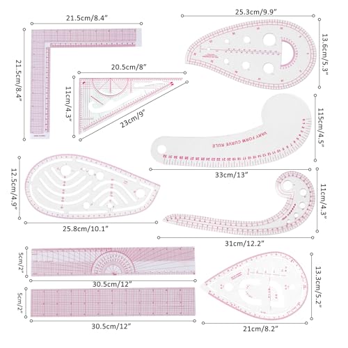 Fashion Clear Metric Sewing Ruler Set,French Curve Pattern Rulers for Beginners, Tailors, Designers, Quilting, Embroidery, Cross Stitch, Crochet, Knitting 9pcs (9-Piece Set) - color: 9-Piece Set