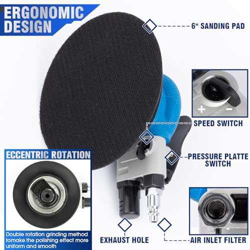 6" Air Sander Kit - Garage-Ready Dual Action Tool, Car Detailing & Woodworking Hero | Palm-Sized Power w/Free Tool Kits - color: Black, size: 6 inch