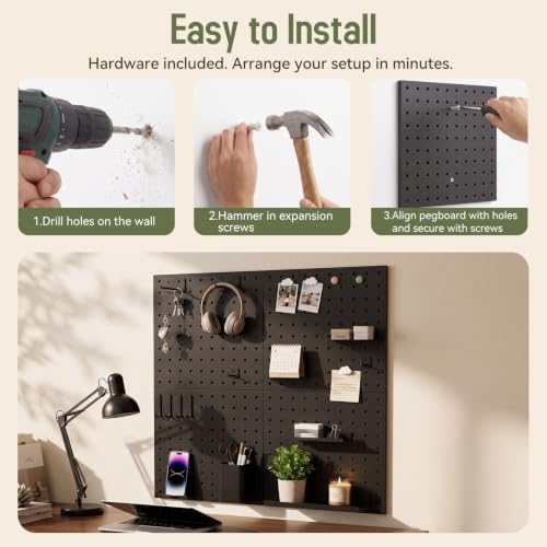 Magnetic Metal Pegboard Wall Organizer Kit, 4 Pack 10 x 10 in Panels Black - color: Black, size: 10"×10" - 4 Pcs