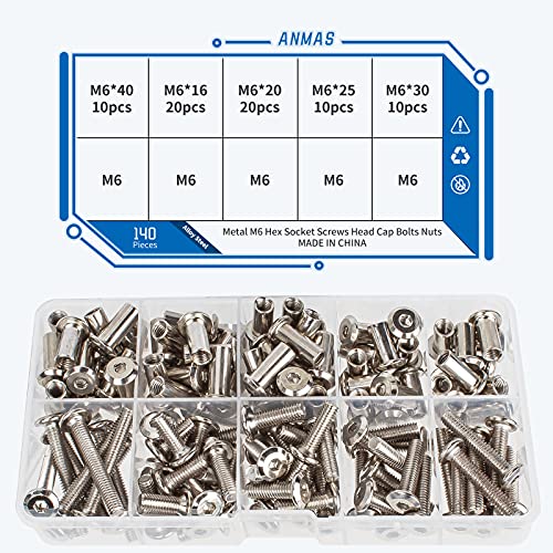 M6 x 16mm/20mm/25mm/30mm/40mm 140Pcs Hex Socket Screws Head Nuts - size: 16/20/25/30/40mm (140pcs)