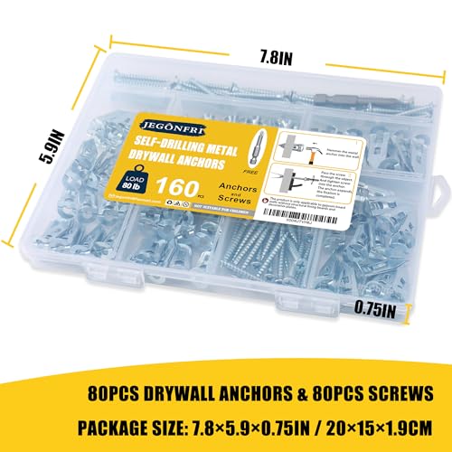 JEGONFRI 160PCS Self-Drilling Drywall Anchors Kit, Heavy Duty Up to 80lbs