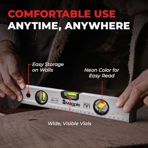 Magpie 12-Inch Magnetic Level and Ruler, 180/90/45 Degree Bubbles, Mechanical Torpedo Level, Shock Absorbing End Caps, Measurement in Inches and Centimeters