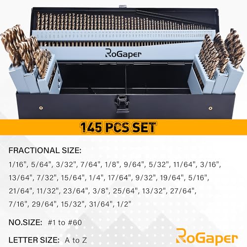145Pcs Cobalt Drill Bits Set, M35 HSS, 135 Degree Tip, Twist Jobber Length Drill Bit Kit for Hardened Metal, Cast Iron, Stainless Steel, Plastic and Wood with Storage Case, 1/16"-1/2" - style: 145PCS