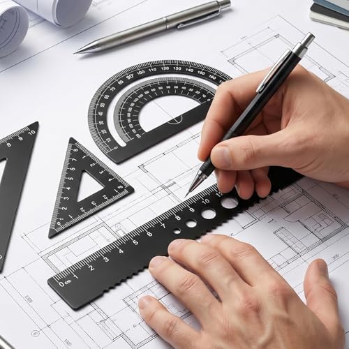 4 Pcs Metal Triangle Ruler Set, Geometry Set with Protractor and Straight Ruler, Metric 6 Inch Drawing Rulers with Storage Box Math Drafting Measuring Tool for Engineers Draftsmen Office Supplies Blac