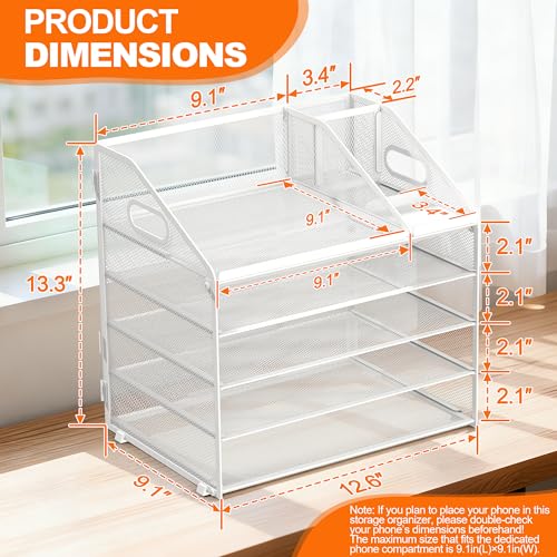 DocNest 5 Tier Metal Mesh Desk File Organizer with Phone Shelf, White - color: White, size: 12.6" x 9.1" x 13.3"