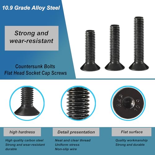 M6 x 40mm 45mm 50mm 55mm 60mm Flat Head Hex Socket Cap Screws Countersunk Bolts, 10.9 Grade Alloy Steel, Black Oxide Finish, Metric Allen Drive, Fully Threaded, Assortment Kit 30Pcs - size: M6 x 40/45/50/55/60 mm
