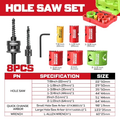 GEINXURN 9PCS Hole Saw Kit 7/8” to 2-1/2” (22mm-64mm) with Hole Saw Mandrel and Hex Wrench,HSS Bi-Metal Hole Cutter with Shark Tooth for Wood,Drywall, PVC Boards and Thin Metal - color: 9PCS 7/8“-2-1/2” Hole Saw Set with Mandrel