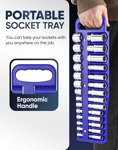 Reniteco 3-Piece Magnetic Socket Organizer Tray, for 1/2'', 3/8 '', 1/4'' Drive Metric/SAE Hold up to 76 Sockets, Heavy-Duty Socket Holder with Handle & Magnetic Base, Sockets Not Included - color: Blue