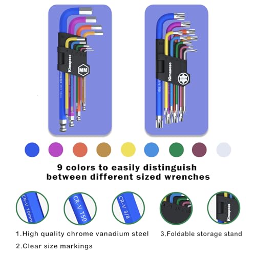 18 PCS Allen Key Set Torx and Metric Allen Wrenches Set Long Arm Ball End with T-Handle L-Hex Key Set Metric Hex Key Set 1.5 to 10mm Torx Star Key Set T10 to T50 - size: 18PCS Torx Metric