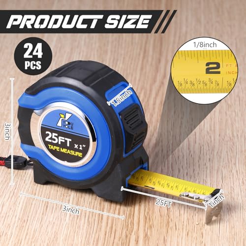 Youyole 24 Pack Tape Measure with Fractions 1/8 Steel Measuring Tape Retractable Easy Read Measurement Ruler Steel Power Blade (25 ft X 1 in,Blue) - color: Blue