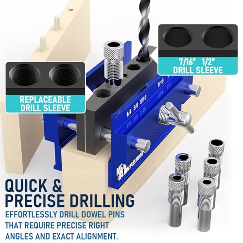 Self Centering Doweling Jig Kit, Drill Jig For Straight Holes Biscuit Joiner Set With 6 Drill Guide Bushings, Adjustable Width Drilling Guide Tool Accessory Jigs (Blue) - size: Small
