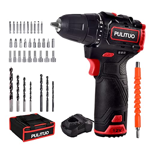 PULITUO Brushless Electric Drill Set,[Brushless Motor],12V Power Drill 310 In-lb Torque, 20+1 Clutch, 3/8" Keyless Chuck,45min Fast Charger, 2 Speed, LED Light for Home and DIY Project - color: 75933-red