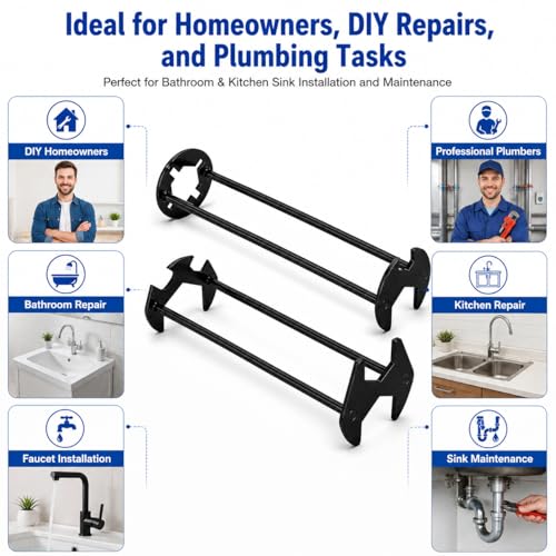 2PCS Basin Wrench, Under Sink Faucet Tool for Tight Spaces | 7 fixed openings, 360° rotating head, narrow cabinet access, metal build, installation and removal support
