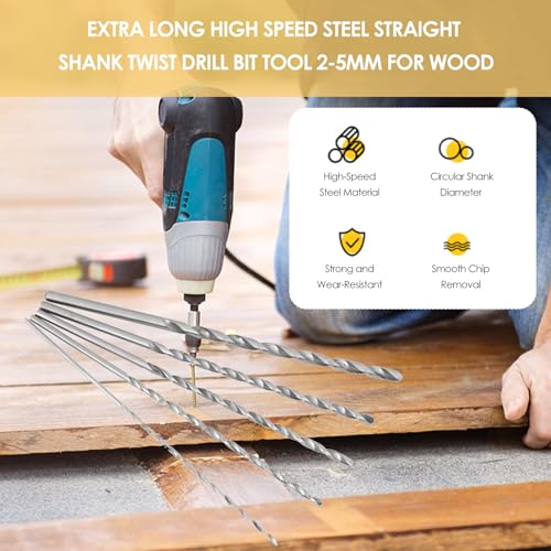 5PCS Extra Long High Speed Steel Drill Bit Sets Straight Shank Drill Bit Tool Wood Drill Bit Set Diameter 2-5mm Length 150mm / 5.9in