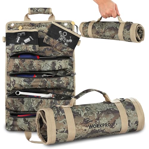 WORKPRO Camo Roll Up Tool Bag, 6-Pocket Organizer with Detachable Pouches - color: Camo