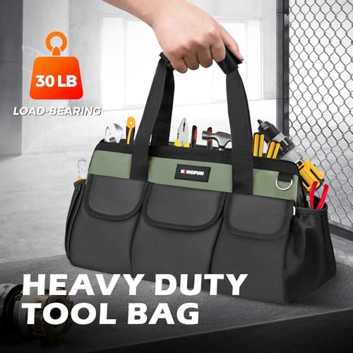 Kingfun 16 Inch Heavy Duty Wide Mouth Tool Bag with 14 Pockets - color: Green