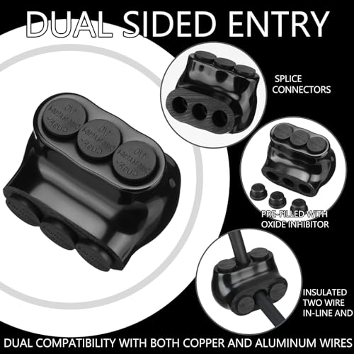 Kanayu 5 Pcs Black Insulated Multi Cable Connector, 3 Ports Electric Wire Connectors and Soldering Lugs, Single Side Entry Cable Splicers, with Oxide Inhibitor (1/0-14 AWG Range,2.29" x 1.55") - size: 1/0-14 AWG Range, 2.29" x 1.55"