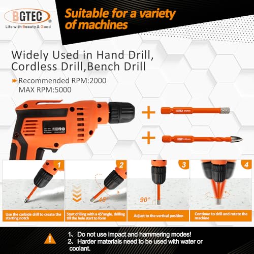 BGTEC Dry Diamond Drill Bits Set- Tile Drill Bit 1/4" 5/16" 3/8" 1/2" 9/16" with Quick Change Hex Shank and 1/4" Carbide Drill for Granite Marble Porcelain Ceramic，6pcs - size: Set 3